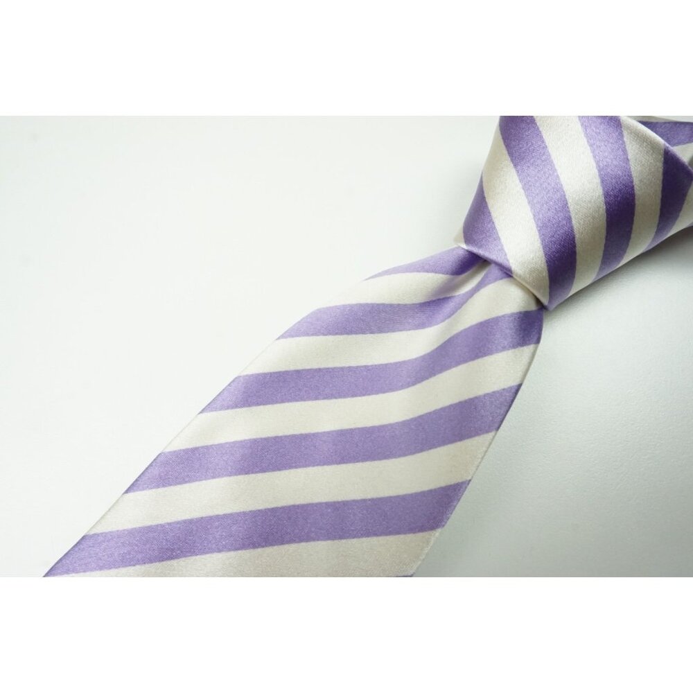 Kiton Ivory White Lavender Striped Sateen 100% Silk Tie Made in Italy NEW